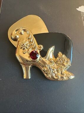 3” 80’s enameled brass, high relief ornate shoe with Czech Glass Ruby coloured G